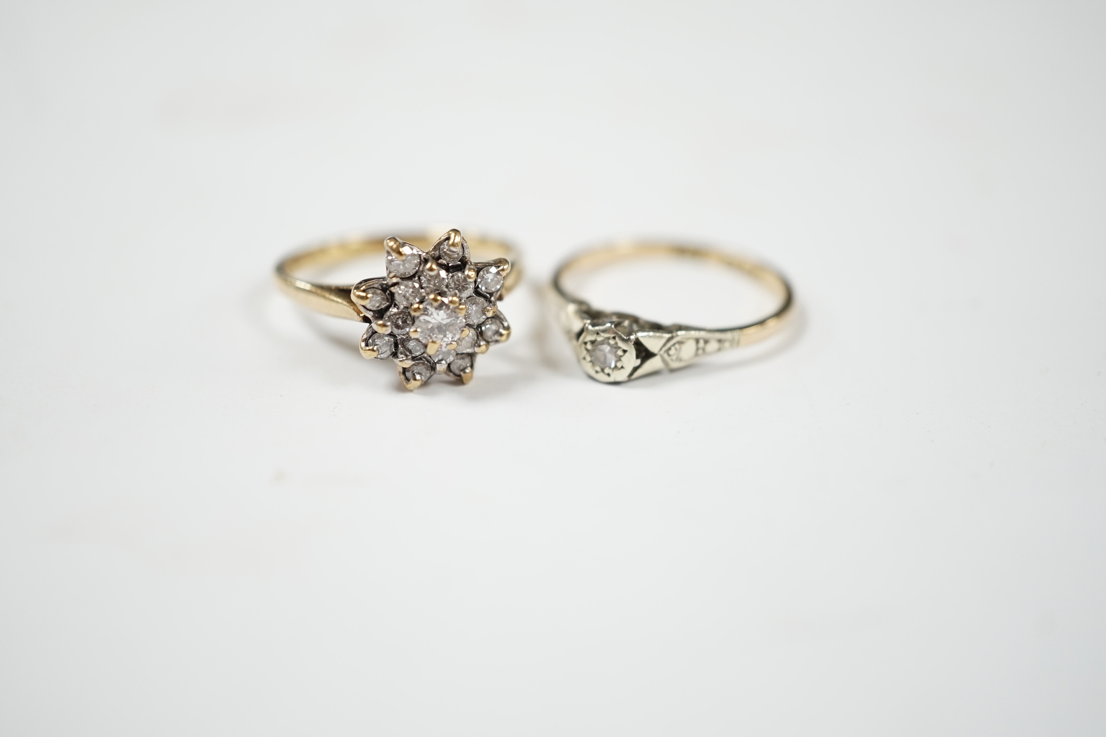 A modern 9ct gold and diamond cluster set ring, size L and a 9ct and illusion set diamond ring, gross weight 4.4 grams. Condition - poor to fair